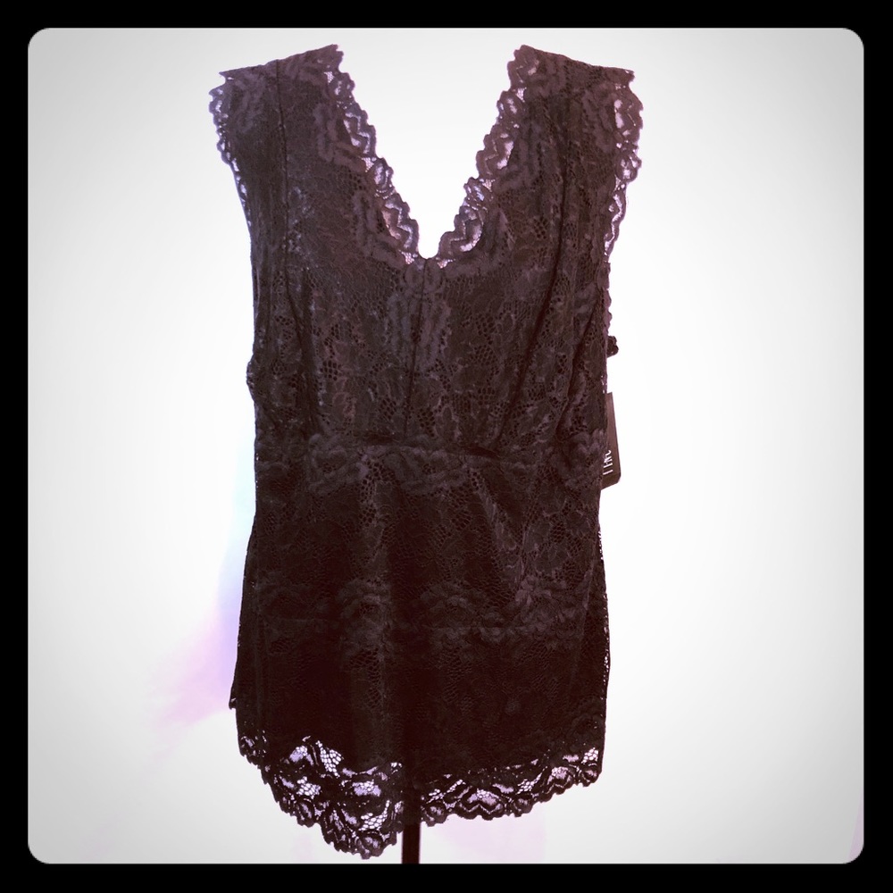 Black lace V neck top by INC